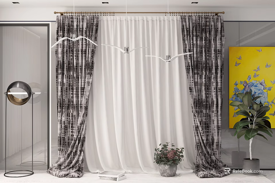 Elegant Curtains In Modern Living Room With White Sheer And Patterned Design 3d model 