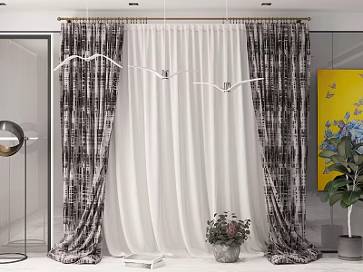 Elegant Curtains In Modern Living Room With White Sheer And Patterned Design 3d model