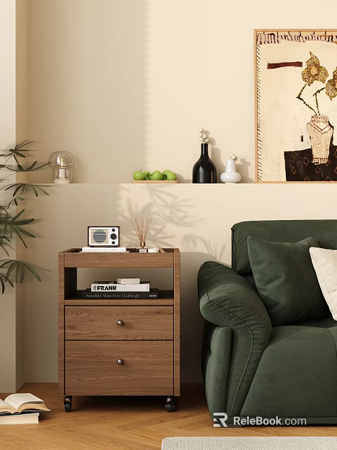 Wooden Entryway Cabinet Sideboard With Drawers Open Shelf Radio Diffuser And Green Plant 3d model 