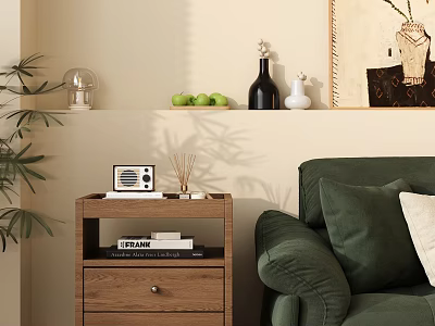 Wooden Entryway Cabinet Sideboard With Drawers Open Shelf Radio Diffuser And Green Plant 3d model
