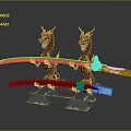 Fantasy Weapon Swords With Dragon Sculpted Handles And Glowing Green Red Blades On Stone Pedestals