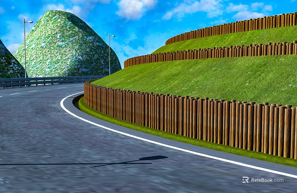 Curved Road Infrastructure With Wooden Fence Green Lawn And Street Lamps 3d model 