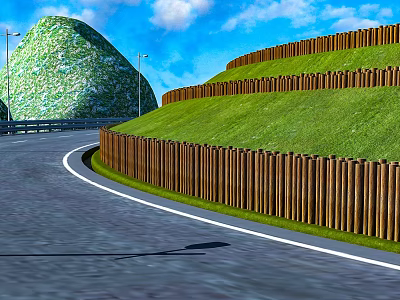 Curved Road Infrastructure With Wooden Fence Green Lawn And Street Lamps 3d model