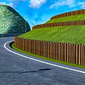 Curved Road Infrastructure With Wooden Fence Green Lawn And Street Lamps
