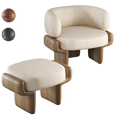 Modern Beige Single Sofa With Wooden Armrests And Matching Ottoman Stool 3d model