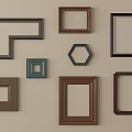 Assorted Picture Frames With Different Shapes And Colors On Wall 3d model