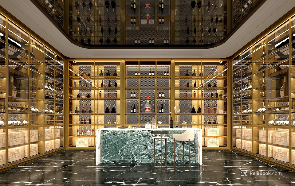 Luxurious Modern Wine Cellar With Wooden Wine Racks And Marble Bar Counter 3d model 