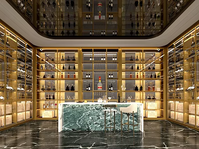 Luxurious Modern Wine Cellar With Wooden Wine Racks And Marble Bar Counter 3d model
