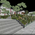 Traditional Chinese Ancient Architecture Courtyard With Stone Pathway Pine Trees And Lanterns