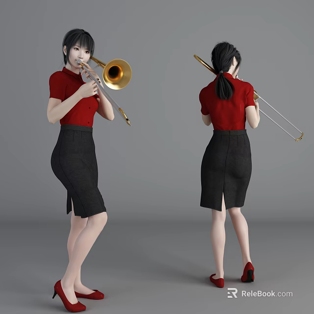 Woman Playing Trombone In Red Shirt Black Skirt And Red Shoes Front Back Views 3d model 