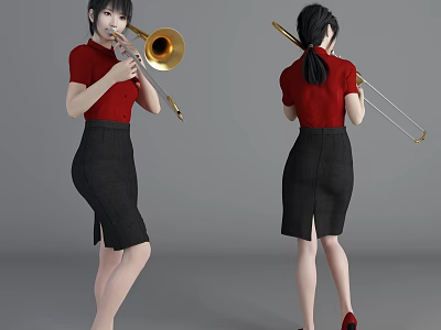Woman Playing Trombone In Red Shirt Black Skirt And Red Shoes Front Back Views 3d model