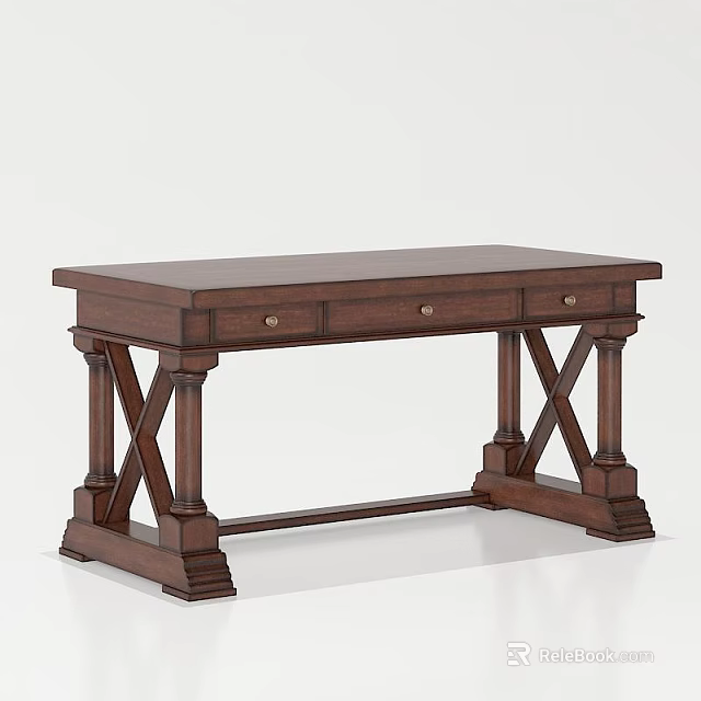 Traditional Dark Brown Solid Wood Desk With Drawers And X Shaped Legs 3d model 