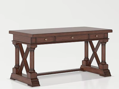 Traditional Dark Brown Solid Wood Desk With Drawers And X Shaped Legs 3d model
