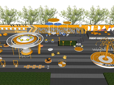 Colorful Kids Play Area With Interactive Play Equipment Shade Umbrellas And Safe Seating Areas 3d model