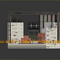 Industrial Building Model with Construction Frame Interior White Crates Orange Equipment and Yellow Floor Markings