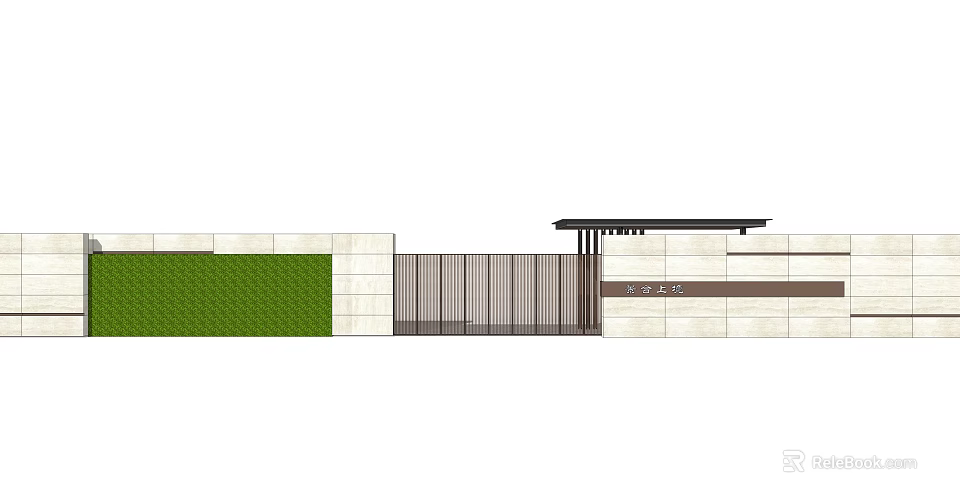 Modern Entrance Gate Design With Metal Structure Stone Wall And Green Lawn 3d model 