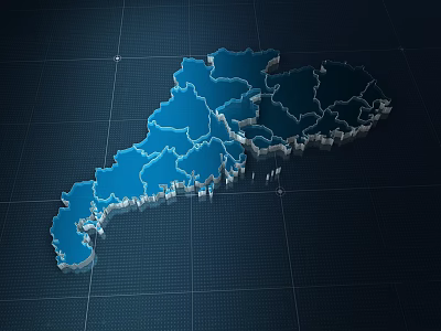Blue 3D Map Rendering With Detailed Outline On Grid Background 3d model