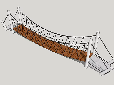 Suspension Bridge Design With Wooden Deck White Pillars And Cable Structure 3d model