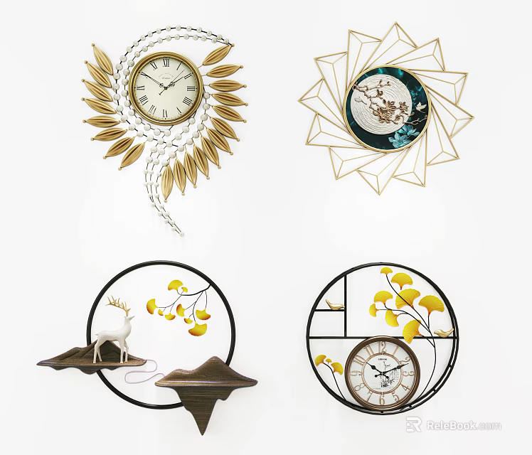 Modern Circular Wall Decor with Golden Elements Deer Ginkgo and Clock Designs 3d model