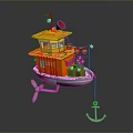 Colorful Toy Boat With Yellow Top Orange Body Green Bottom White Propeller And Blue Anchor
