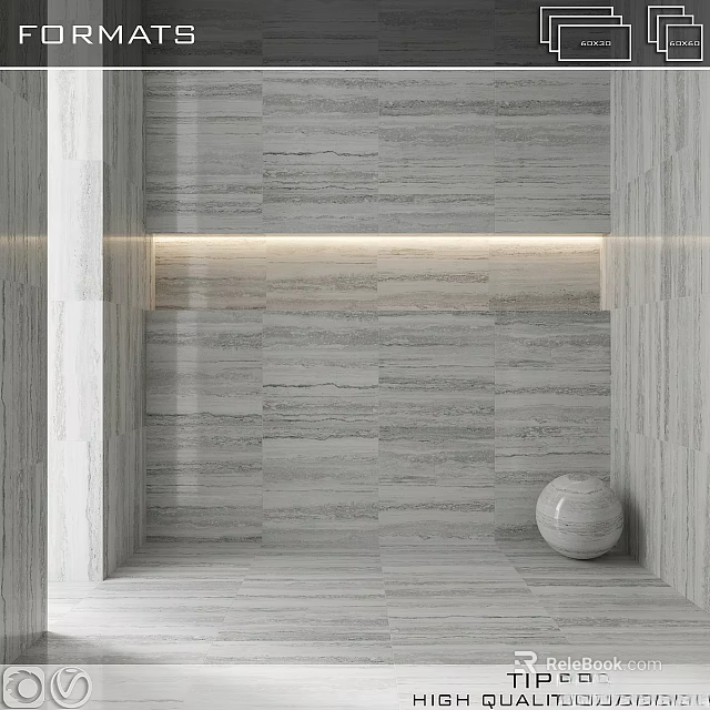 Modern Gray Marble Wall Components with Recessed Light Strip and Decorative Sphere 3d model