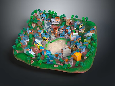Cartoon Scenic Town With Colorful Houses Green Trees Grass And Central Open Space 3d model