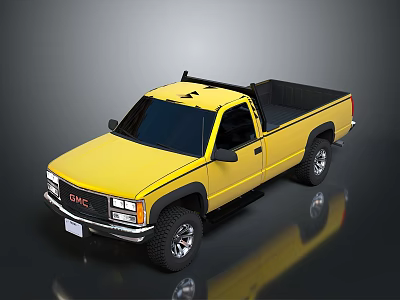 Yellow GMC Pickup Truck With Black Bed Front Grille And Off Road Wheels 3d model