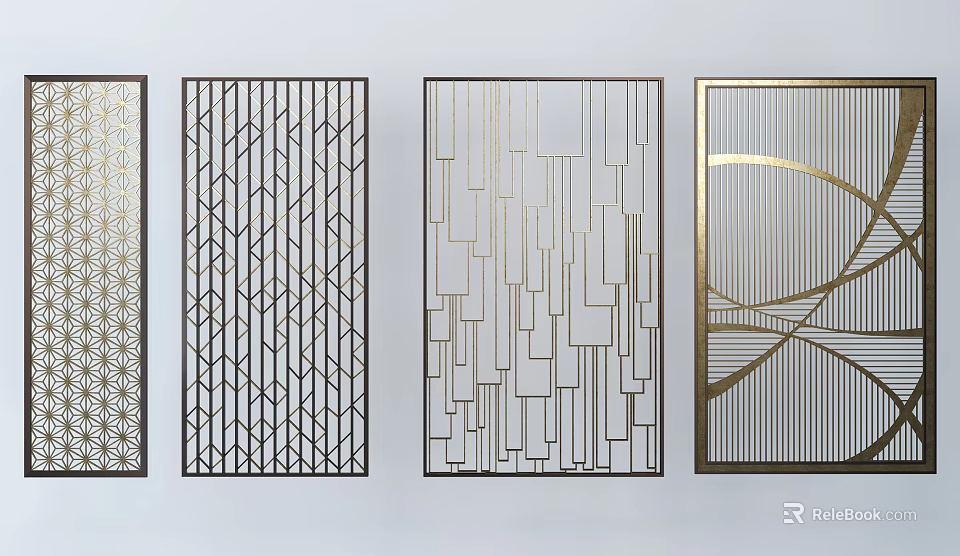 Modern Decorative Room Dividers Featuring Geometric Patterns And Metal Frames For Interior Design 3d model