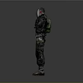 3D Game Movie Character In Black Gray Armor With Red Chest Symbol And Extended Arms