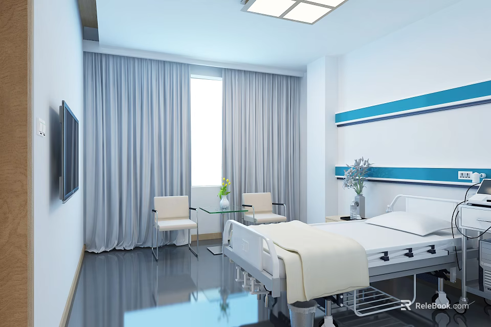Modern Hospital Room Interior With Bed Window Curtains Chairs TV And Blue Stripes 3d model 