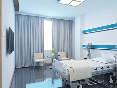 Modern Hospital Room Interior With Bed Window Curtains Chairs TV And Blue Stripes 3d model