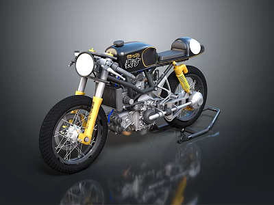 Custom Retro Black Motorcycle With Yellow Accents Round Headlights Exposed Engine 3d model