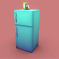 Modern Turquoise Double Door Refrigerator Freezer With Green Box on Top Against Pink Background