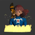 Red Haired Character In Blue Outfit With Yellow Black Striped Creature On Shoulder And Grass