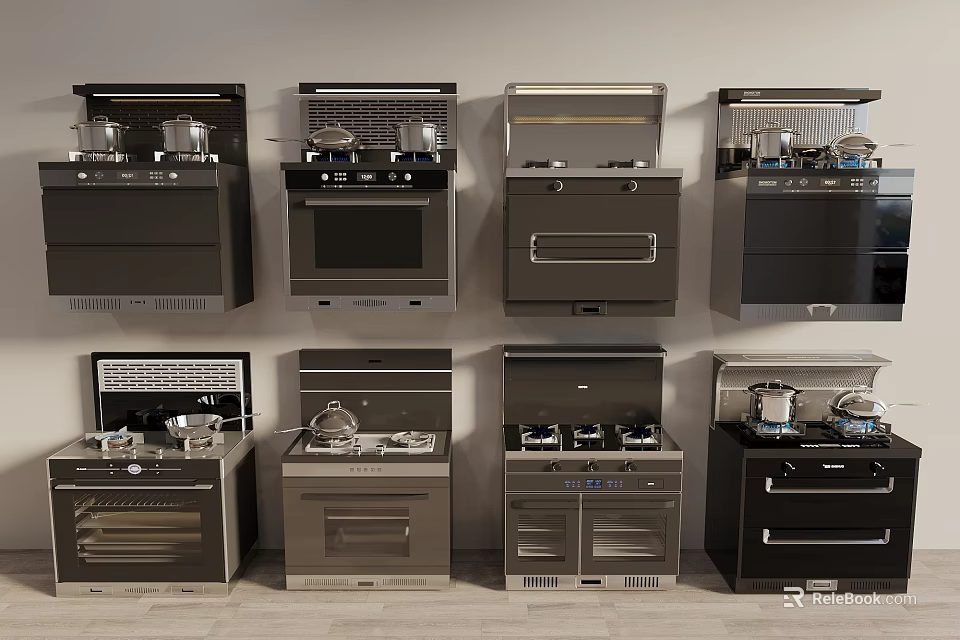 Modern Built in Kitchen Appliances Featuring Various Styles Stoves And Ovens 3d model