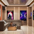 Modern KTV Lounge Interior With Comfortable Sofa Coffee Table TV Screens And Sparkling Lighting