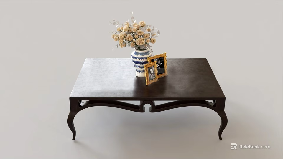 Elegant Dark Colored Coffee Table With Blue And White Vase Flowers And Photo Frame 3d model 