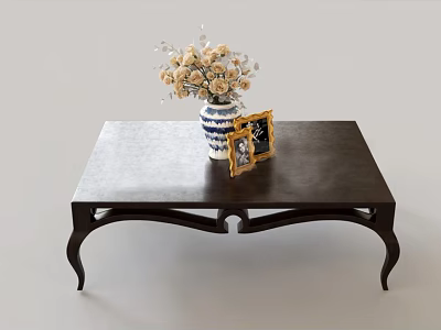 Elegant Dark Colored Coffee Table With Blue And White Vase Flowers And Photo Frame 3d model