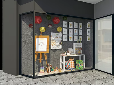 Small Creative Display Space Featuring Easel Artworks Decorative Balls And Shelf 3d model