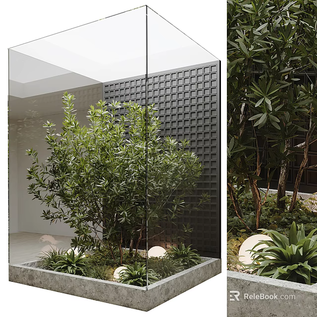 Lush Green Shrub In Modern Courtyard With Black Textured Wall Round Lighting And Concrete Planter 3d model 