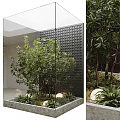 Lush Green Shrub In Modern Courtyard With Black Textured Wall Round Lighting And Concrete Planter