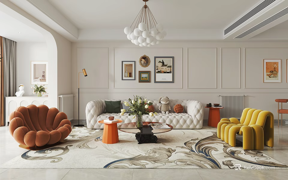 Modern Living Dining Room Interior With White Sofa Orange Yellow Chairs Chandelier And Decorative Paintings 3d model 