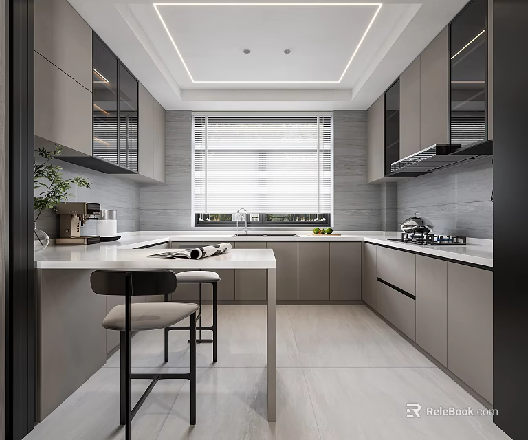Modern Kitchen Interior With Gray Cabinetry Island Window Appliances And Bar Stools 3d model 