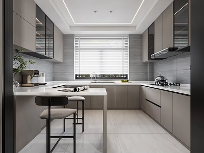 Modern Kitchen Interior With Gray Cabinetry Island Window Appliances And Bar Stools 3d model