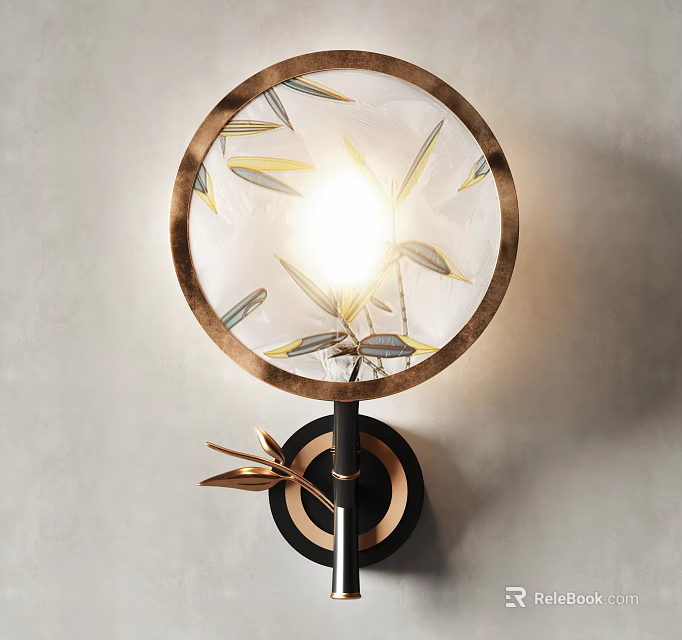 Elegant Round Wall Lamp With Gold Frame Bamboo Leaf Pattern Transparent Shade And Base 3d model
