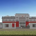 Traditional Chinese Style Entrance Gate With Red And White Building And Green Lawn