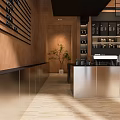 Modern Café Interior Design With Black Tables Chairs Brown Walls Metallic Counter And Hanging Lights