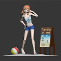 Anime Game Character with Orange Hair Blue Striped Top Blue Shorts by Beach Ball Signboard