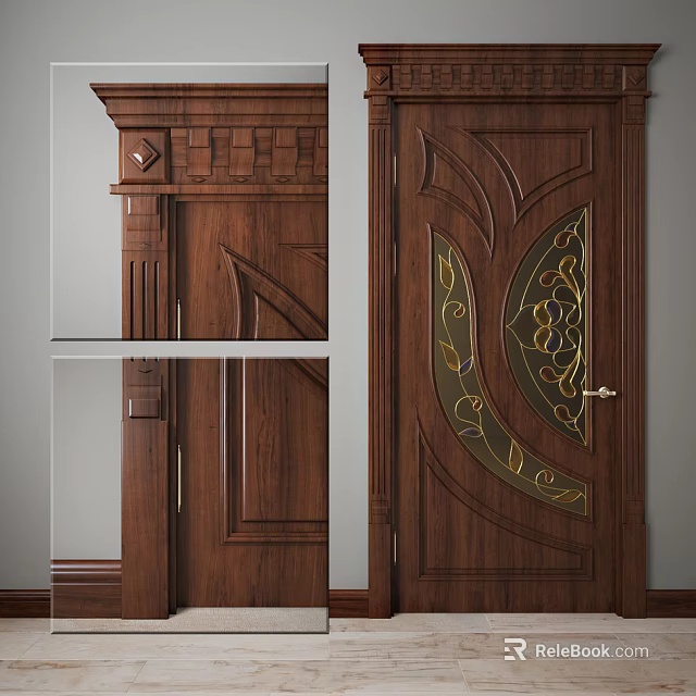 Classic Wooden Swing Door with Carved Details and Decorative Glass Panel Gold Floral Patterns 3d model 
