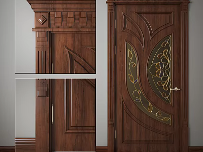 Classic Wooden Swing Door with Carved Details and Decorative Glass Panel Gold Floral Patterns 3d model